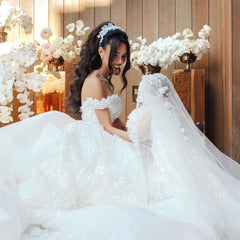 Luxury Long Ball Gown Off the Shoulder Appliques Lace Tulle Wedding Dresses