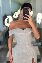 Ivory Long Mermaid Off the Shoulder Sequin Prom Dress with Slit