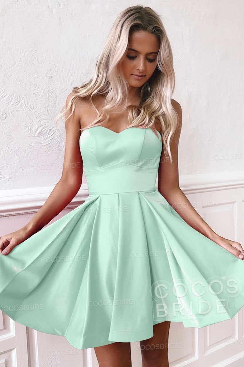 Cute A-line Strapless Red Short Satin Homecoming Dress