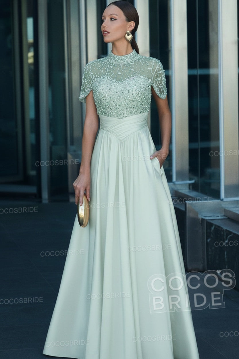 Elegant Illusion Neck Long A-line Formal Evening Dress with Pockets