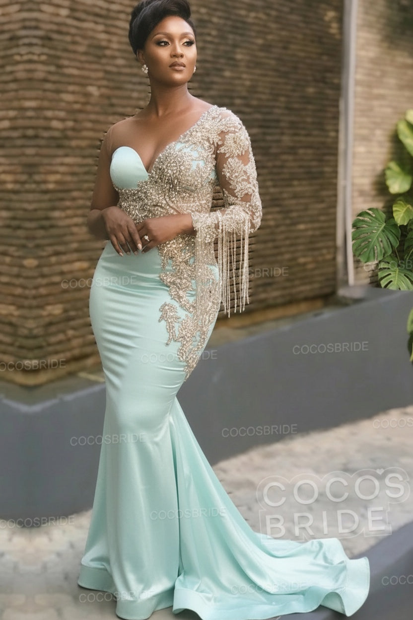 Long Mermaid Appliques One Shoulder Floor Length Formal Evening Dress