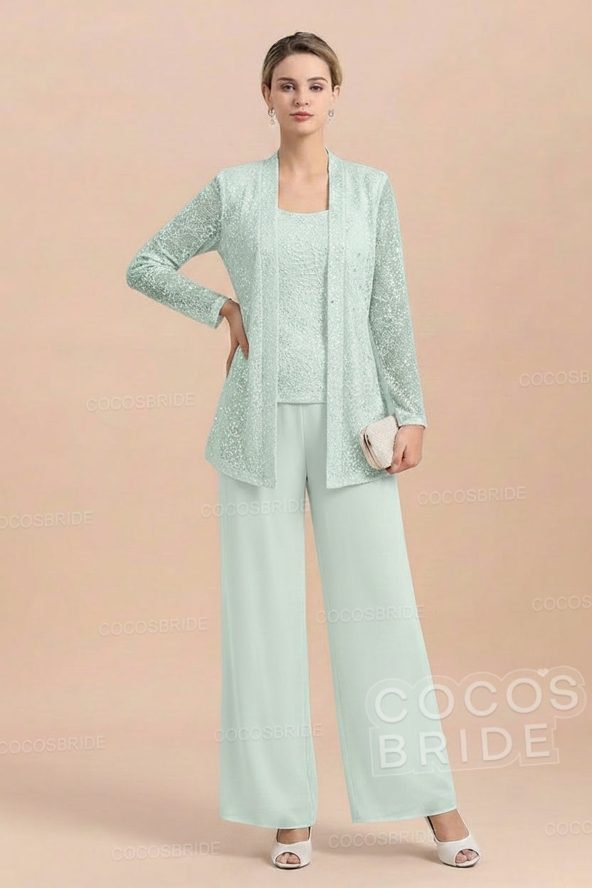 Long Sequined Chiffon Pantsuits for the Mother of the Bride with Jacket