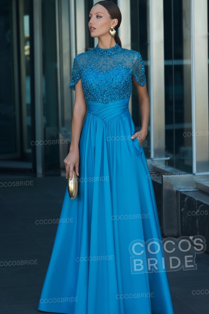 Elegant Illusion Neck Long A-line Formal Evening Dress with Pockets