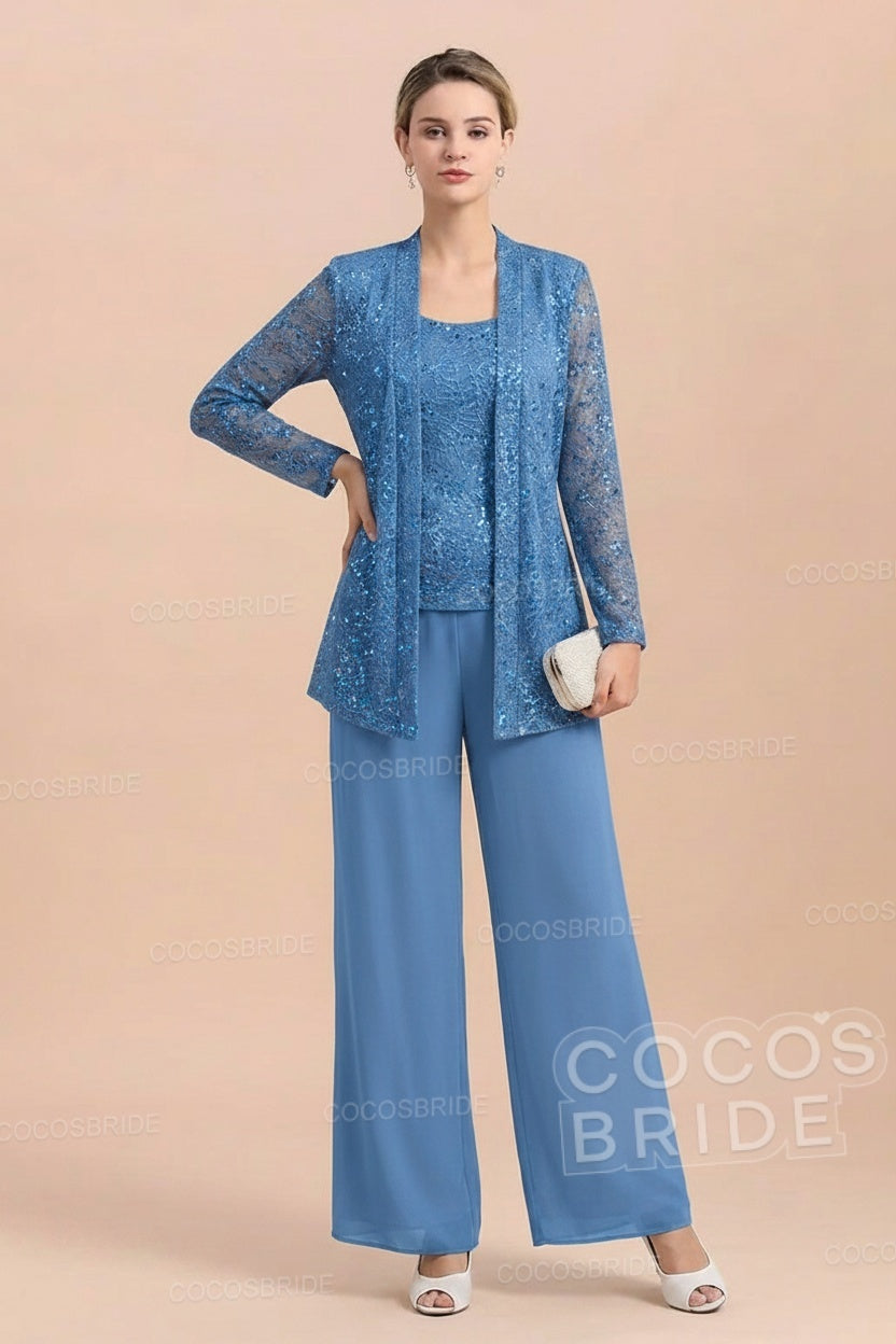Long Sequined Chiffon Pantsuits for the Mother of the Bride with Jacket