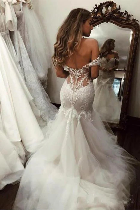 Lace Tulle Off the Shoulder Mermaid Long Wedding Dress