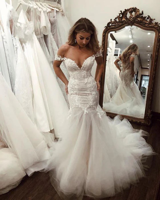 Lace Tulle Off the Shoulder Mermaid Long Wedding Dress