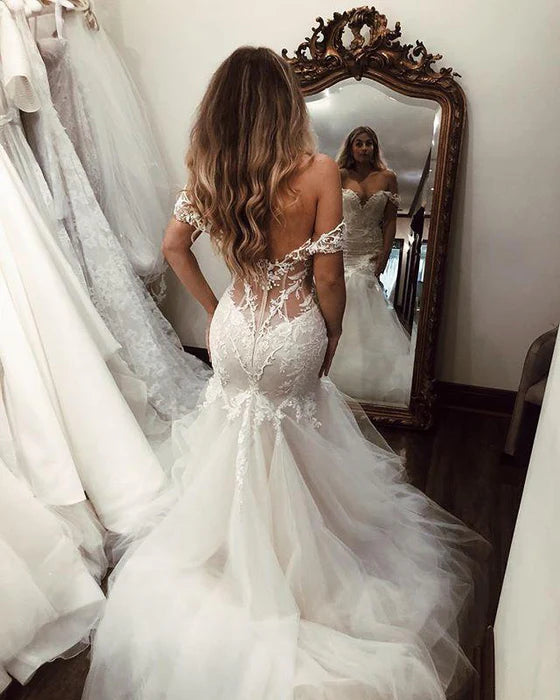 Lace Tulle Off the Shoulder Mermaid Long Wedding Dress