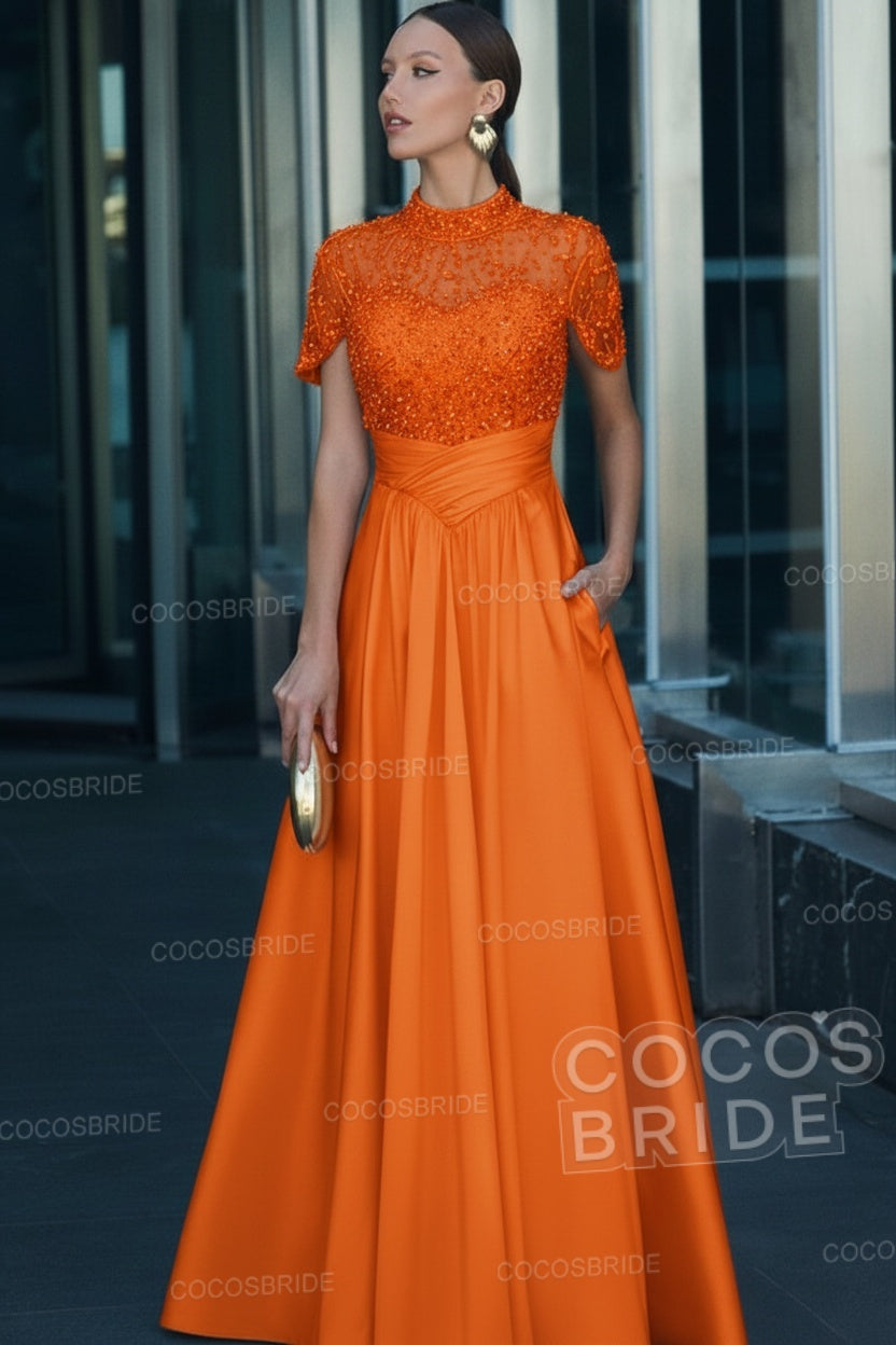 Elegant Illusion Neck Long A-line Formal Evening Dress with Pockets