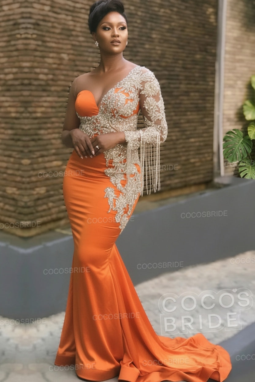 Long Mermaid Appliques One Shoulder Floor Length Formal Evening Dress