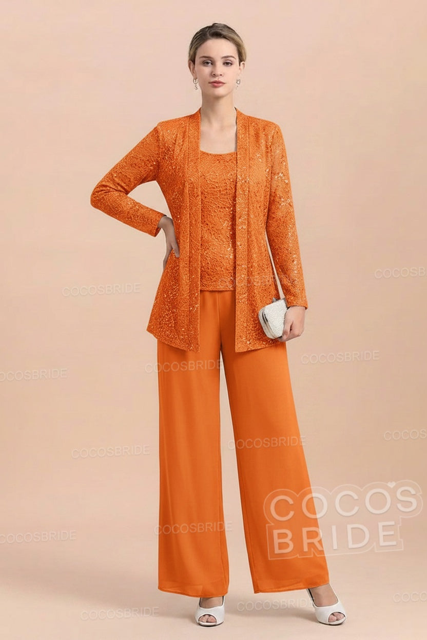 Long Sequined Chiffon Pantsuits for the Mother of the Bride with Jacket