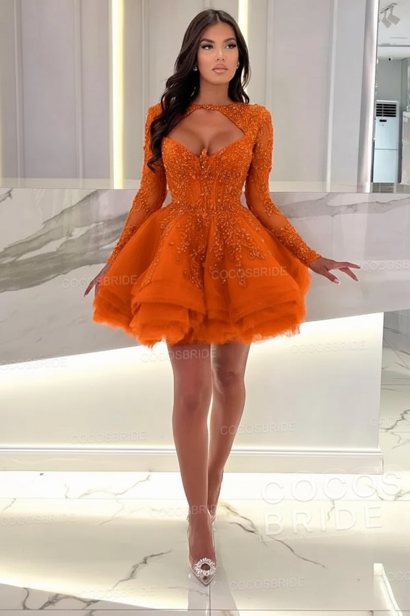 Sexy A-line Sweetheart Tulle Short Beading Party Dress with Long Sleeves
