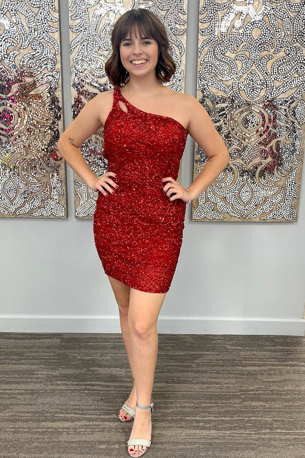 Orange Short Open Back One Shoulder Sequins Mermaid Homecoming Dress