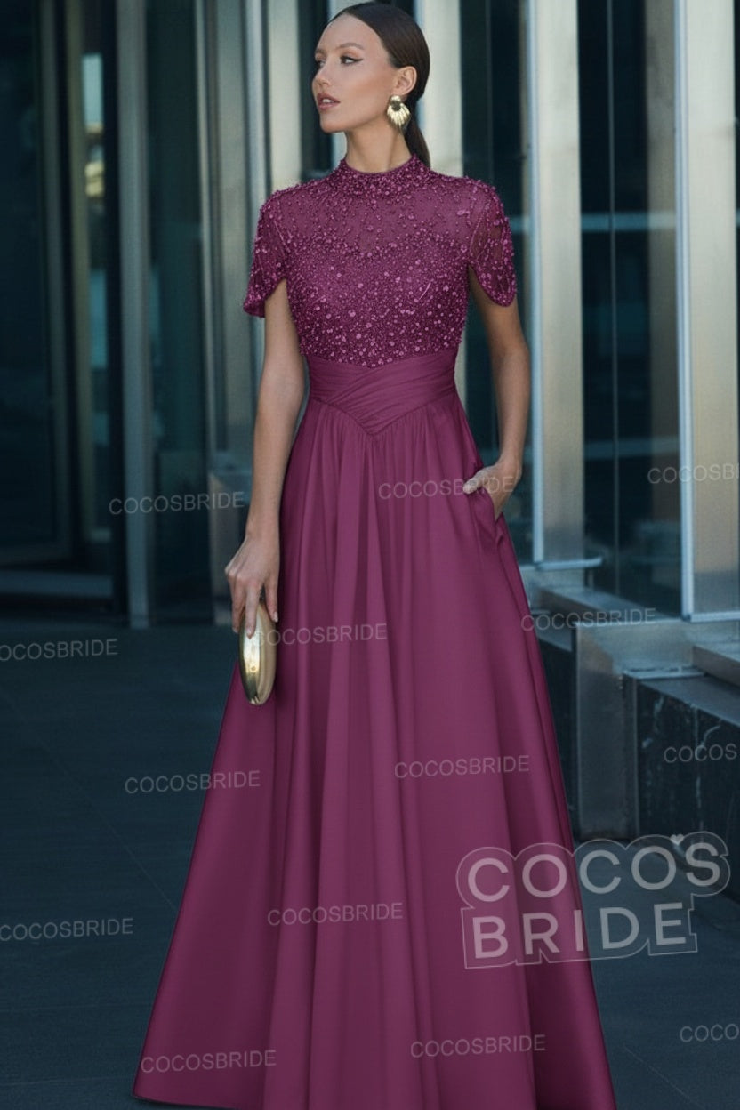 Elegant Illusion Neck Long A-line Formal Evening Dress with Pockets