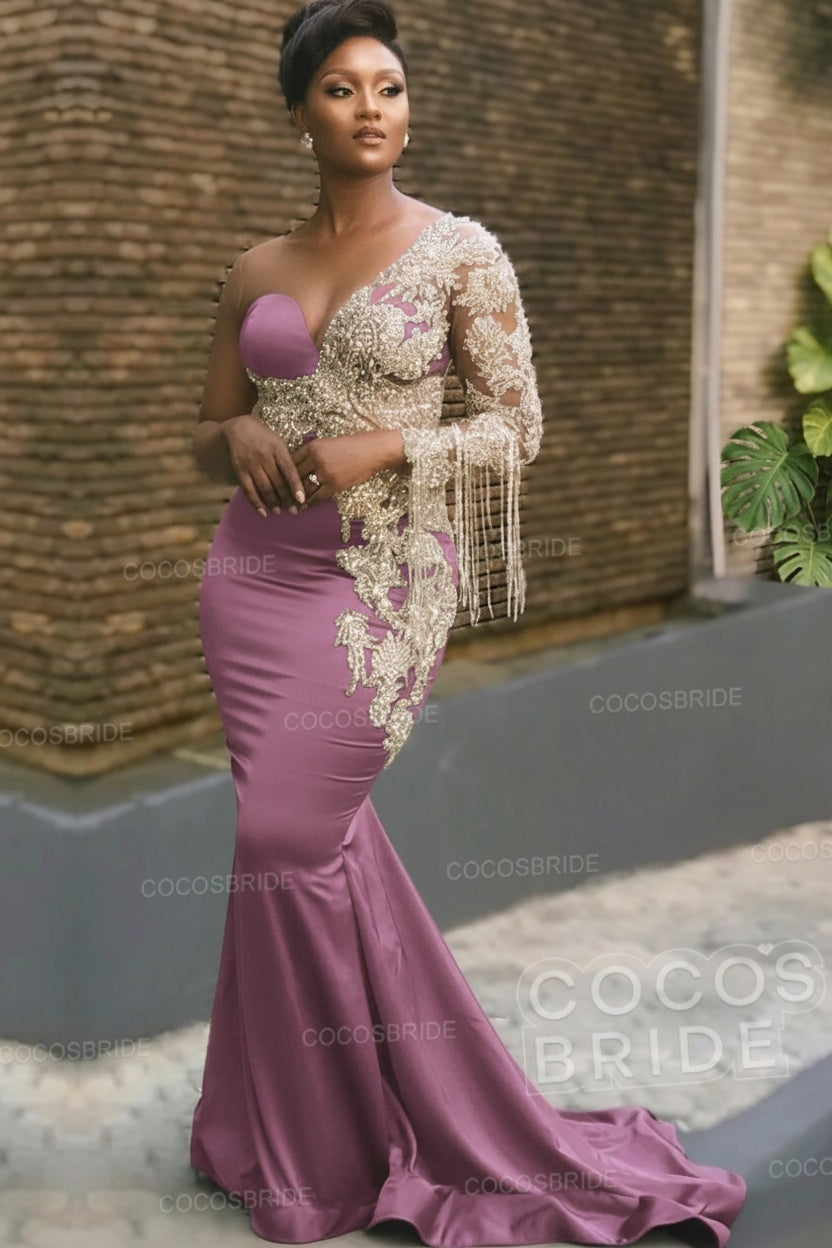 Long Mermaid Appliques One Shoulder Floor Length Formal Evening Dress