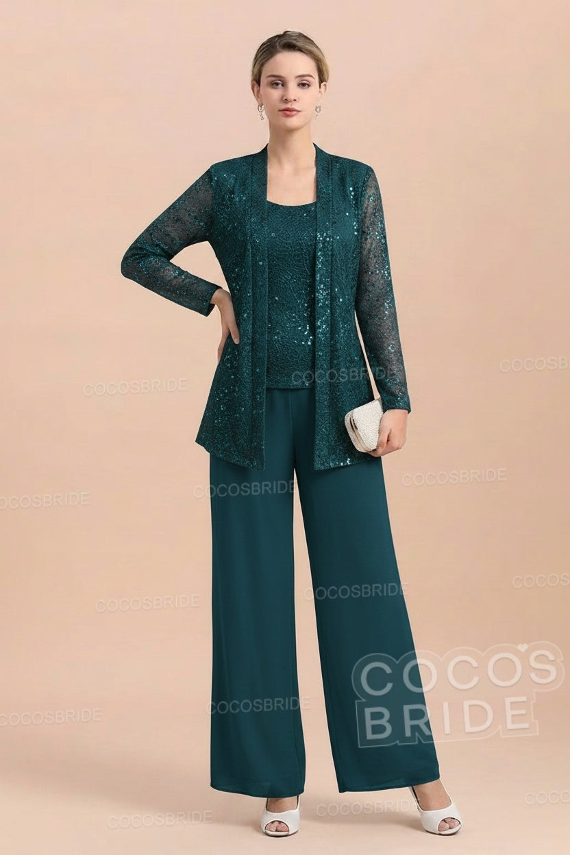 Long Sequined Chiffon Pantsuits for the Mother of the Bride with Jacket