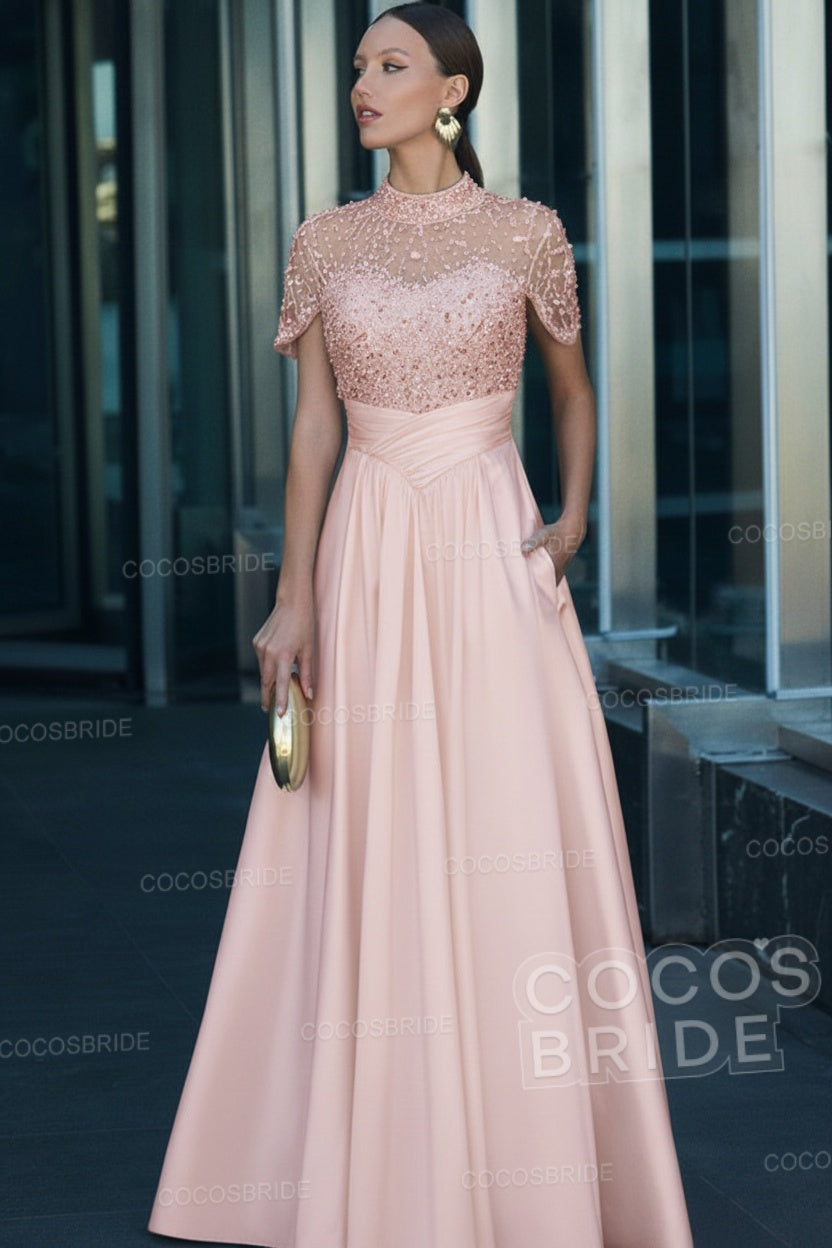 Elegant Illusion Neck Long A-line Formal Evening Dress with Pockets