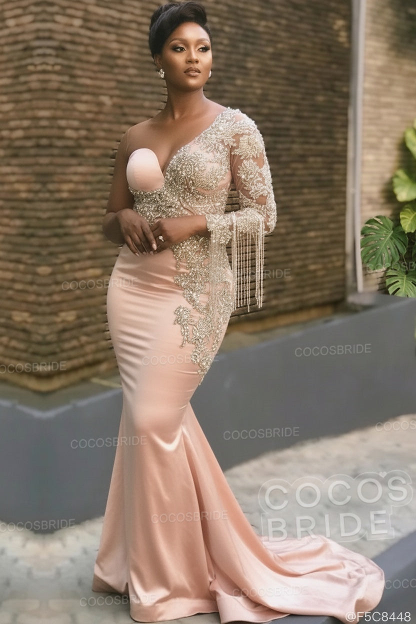 Long Mermaid Appliques One Shoulder Floor Length Formal Evening Dress