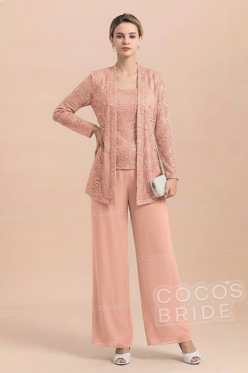 Long Sequined Chiffon Pantsuits for the Mother of the Bride with Jacket