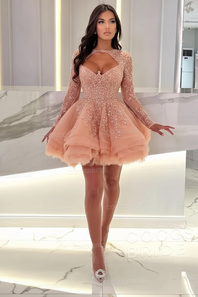Sexy A-line Sweetheart Tulle Short Beading Party Dress with Long Sleeves