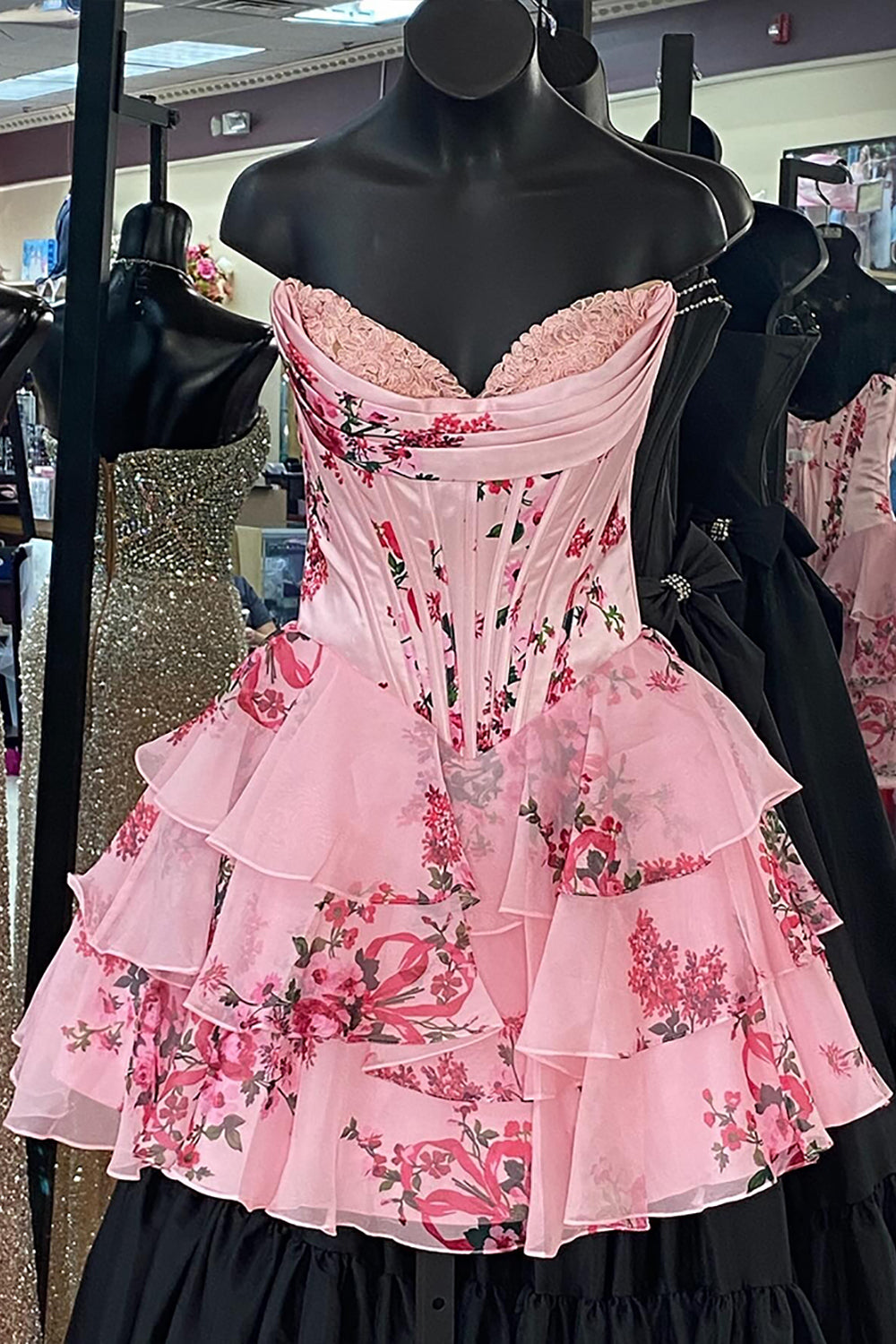 Pink Floral Strapless Corset Short Homecoming Dresses