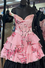Pink Floral Strapless Corset Short Homecoming Dresses