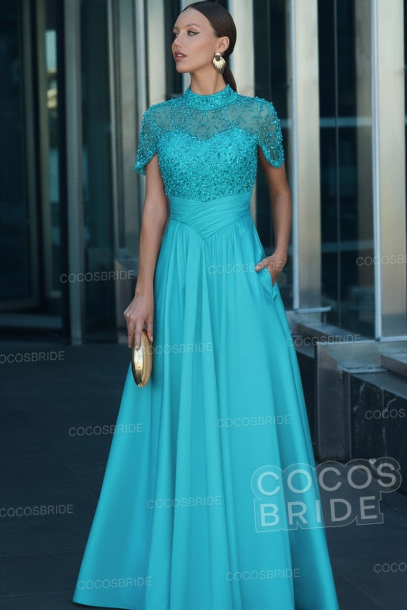 Elegant Illusion Neck Long A-line Formal Evening Dress with Pockets