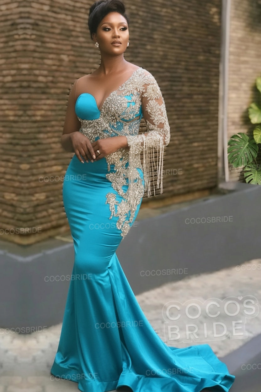 Long Mermaid Appliques One Shoulder Floor Length Formal Evening Dress