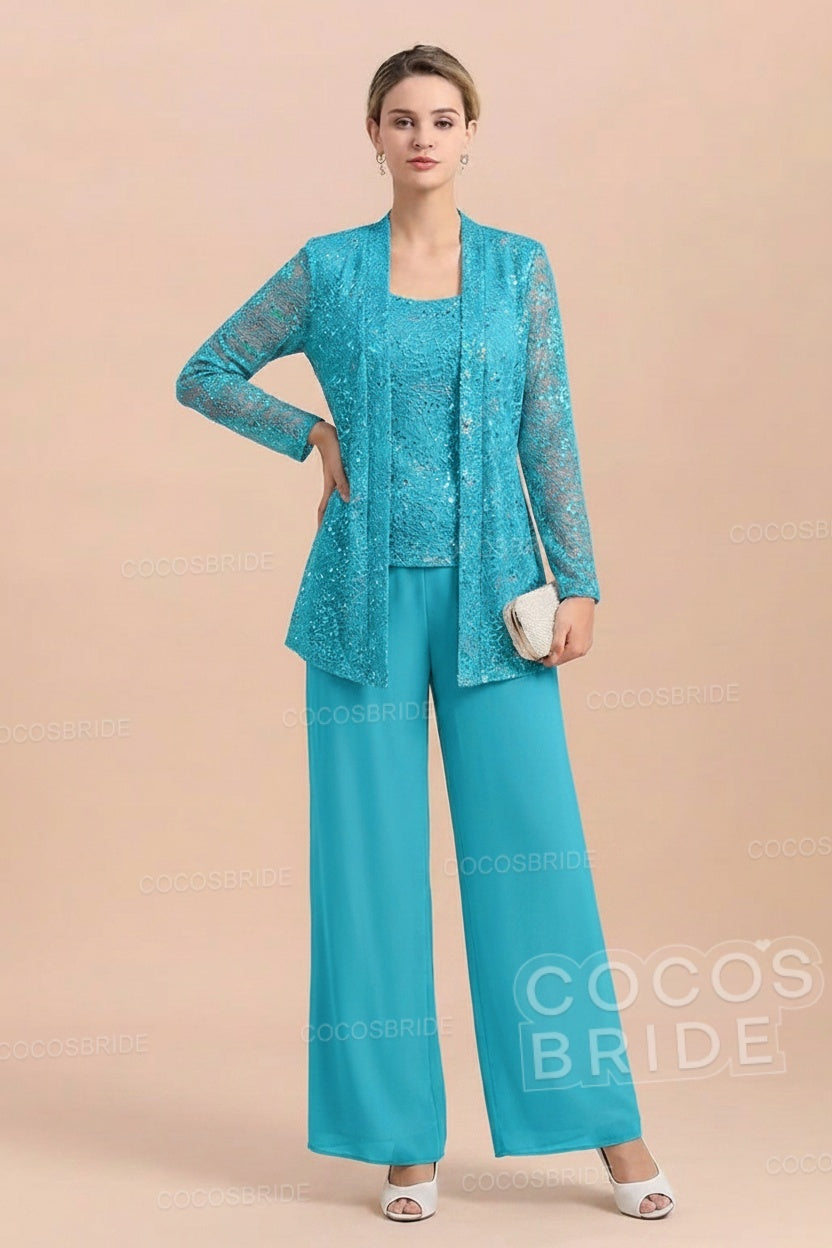 Long Sequined Chiffon Pantsuits for the Mother of the Bride with Jacket