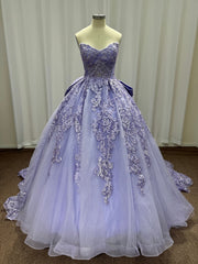 Long Sweetheart Tulle Lace Ball Gown Prom Dresses with Bow