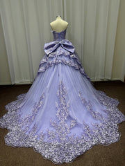 Long Sweetheart Tulle Lace Ball Gown Prom Dresses with Bow