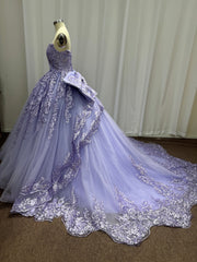 Long Sweetheart Tulle Lace Ball Gown Prom Dresses with Bow