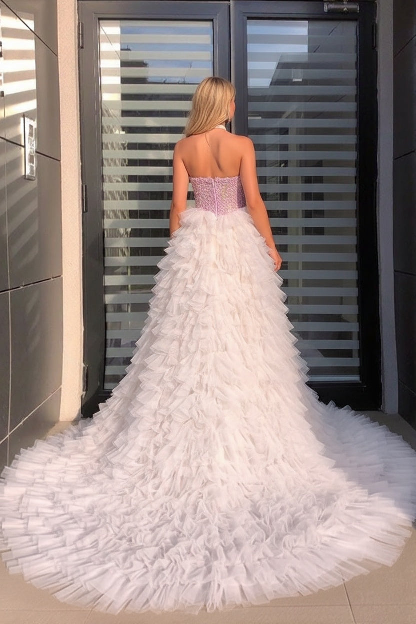 Strapless Sequined Hi-Lo Tulle Prom Dress with Ruffles