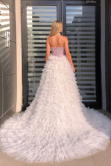 Strapless Sequined Hi-Lo Tulle Prom Dress with Ruffles