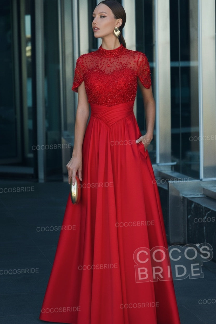 Elegant Illusion Neck Long A-line Formal Evening Dress with Pockets