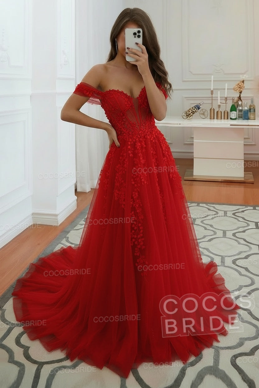 Long A-line Tulle Lace Off the Shoulder Wedding Dress