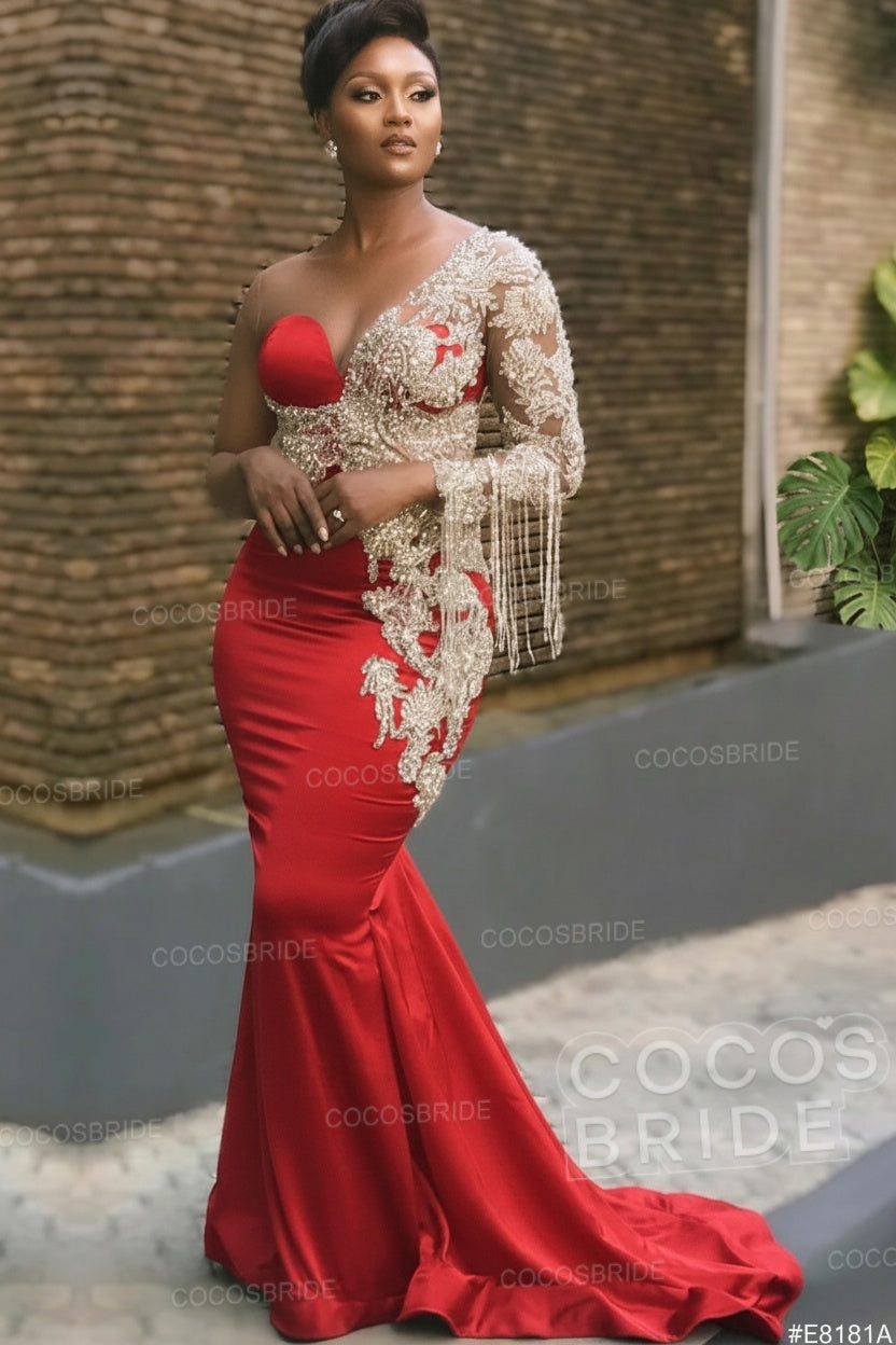 Long Mermaid Appliques One Shoulder Floor Length Formal Evening Dress