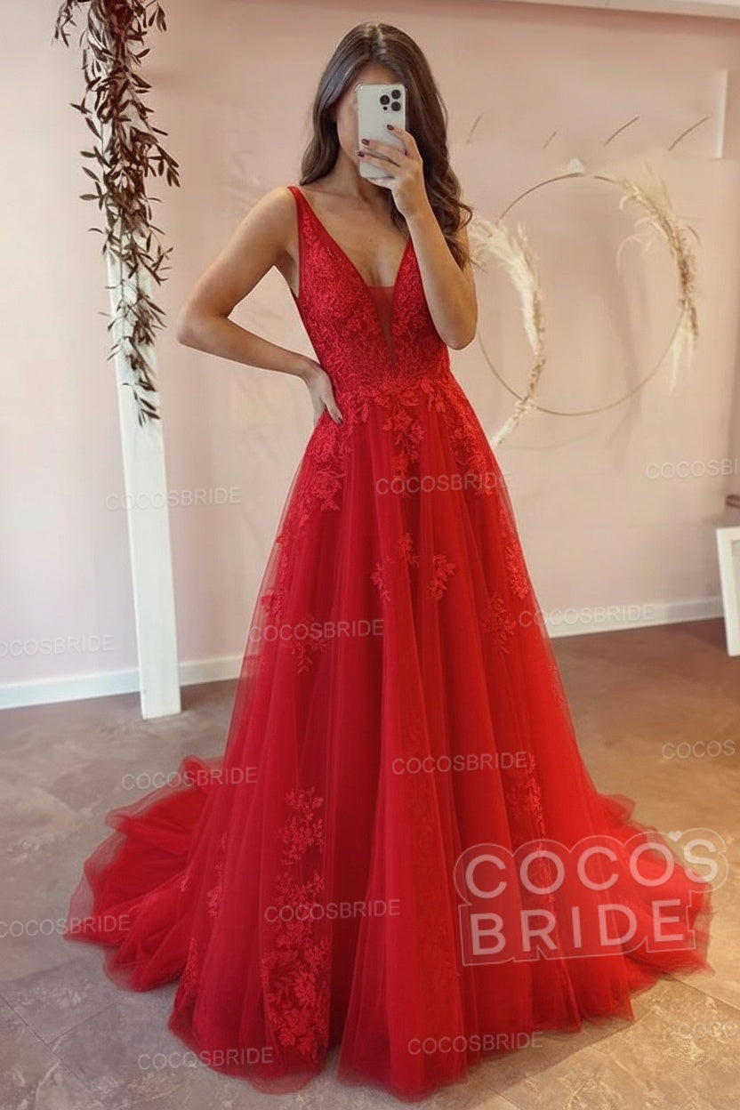 Long V-neck A-Line Floor Length Tulle Floral Lace Wedding Dress