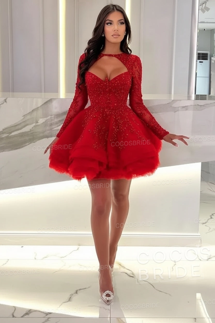 Sexy A-line Sweetheart Tulle Short Beading Party Dress with Long Sleeves
