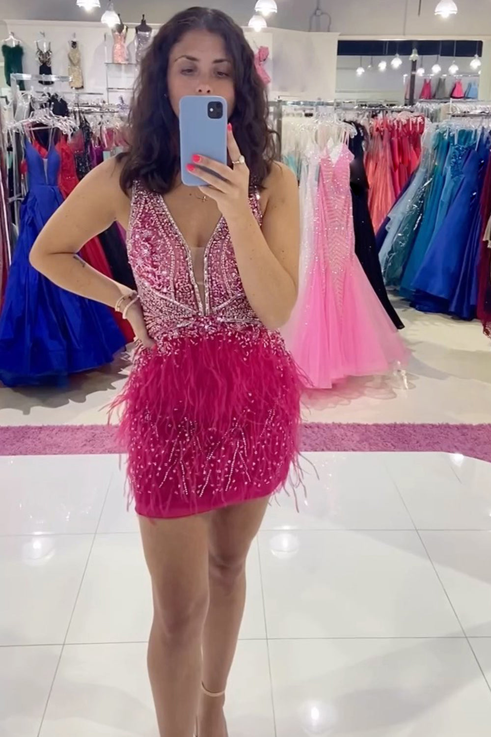 Red Beaded Sequins Mermaid Homecoming Dress with Feathers