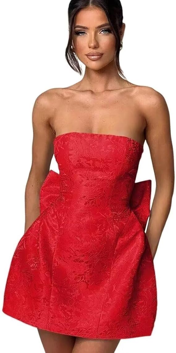 Strapless Short Ball Gown Sleeveless Lace up Jacquard Satin Homecoming Dress with Bow