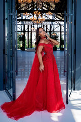 A-line Red Long Off the Shoulder Beaded Formal Prom Dresses