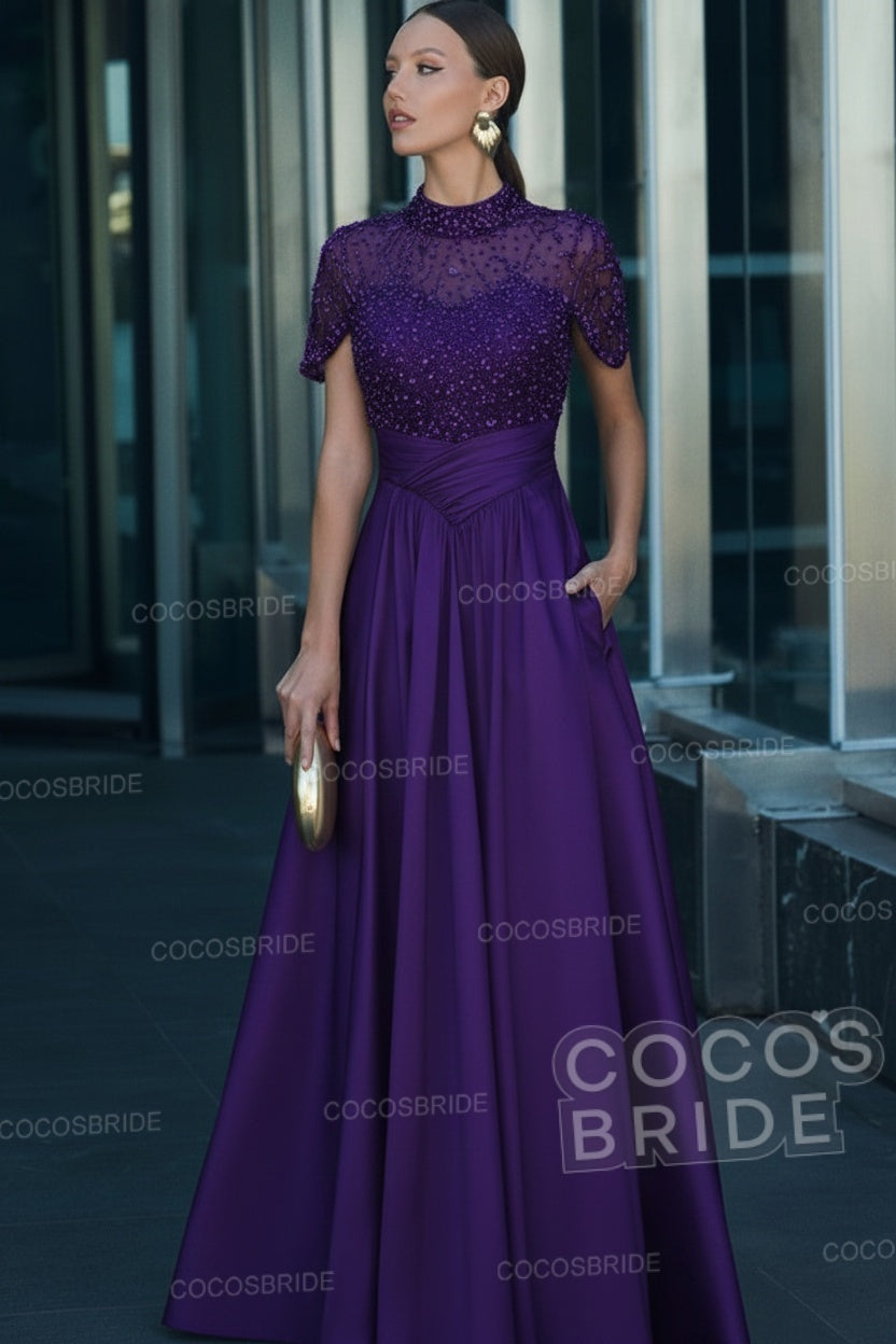 Elegant Illusion Neck Long A-line Formal Evening Dress with Pockets