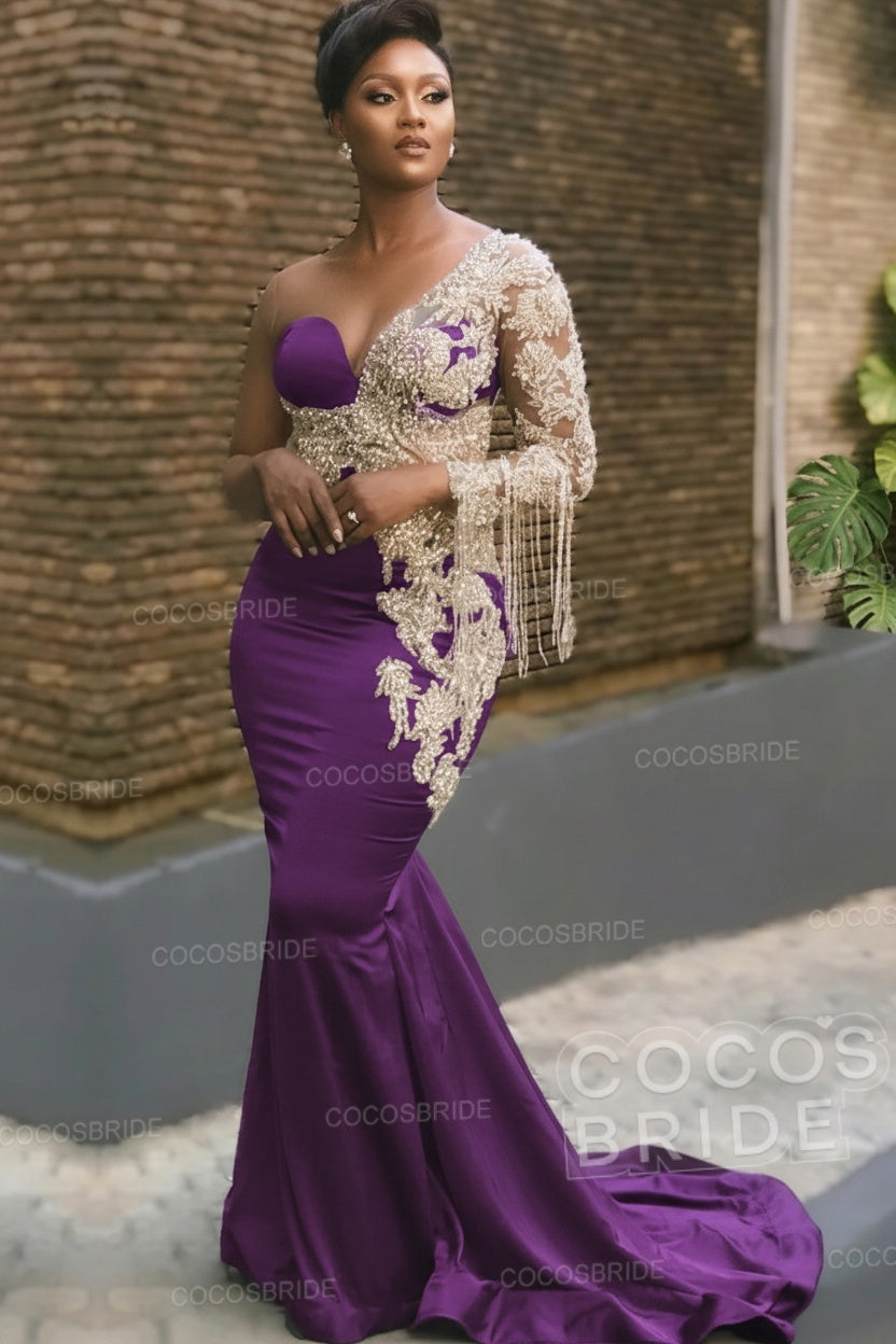 Long Mermaid Appliques One Shoulder Floor Length Formal Evening Dress