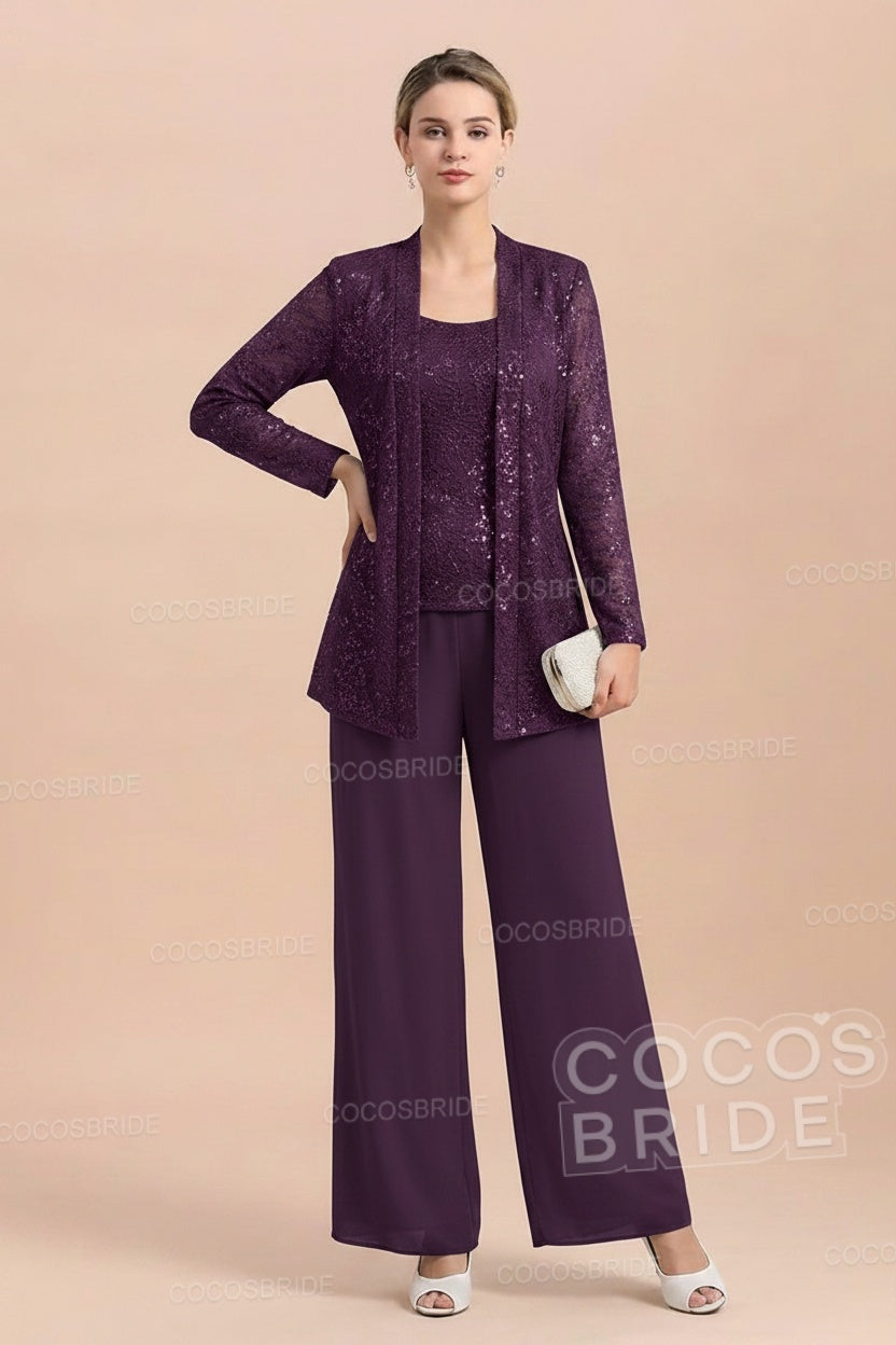 Long Sequined Chiffon Pantsuits for the Mother of the Bride with Jacket