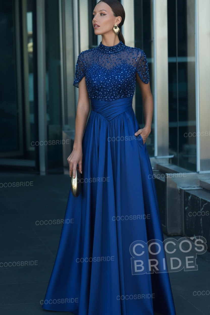 Elegant Illusion Neck Long A-line Formal Evening Dress with Pockets