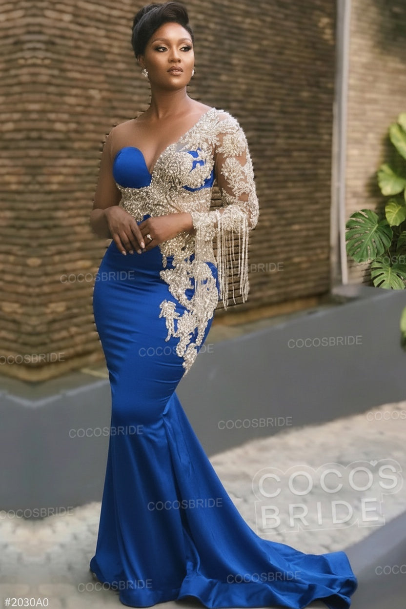 Long Mermaid Appliques One Shoulder Floor Length Formal Evening Dress