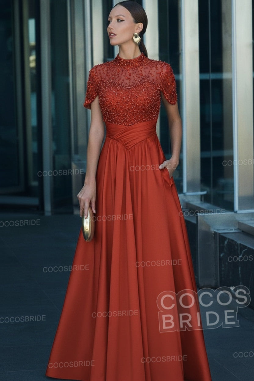 Elegant Illusion Neck Long A-line Formal Evening Dress with Pockets