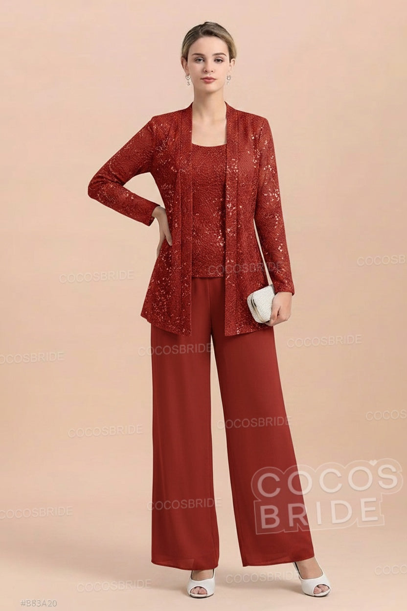 Long Sequined Chiffon Pantsuits for the Mother of the Bride with Jacket