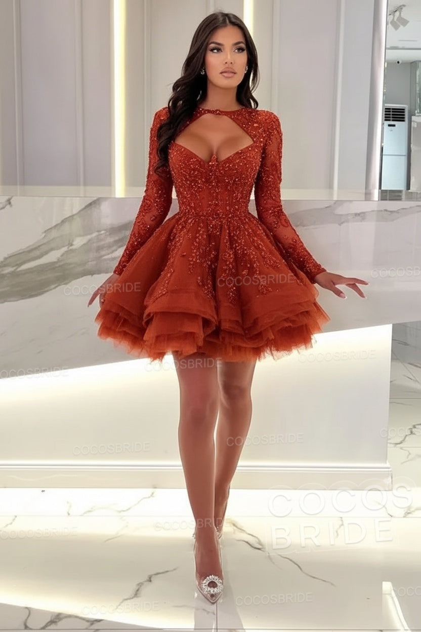 Sexy A-line Sweetheart Tulle Short Beading Party Dress with Long Sleeves