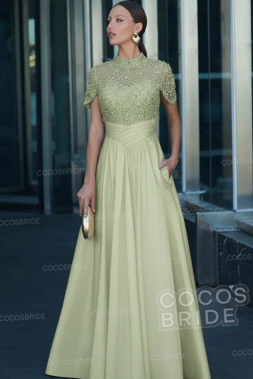 Elegant Illusion Neck Long A-line Formal Evening Dress with Pockets